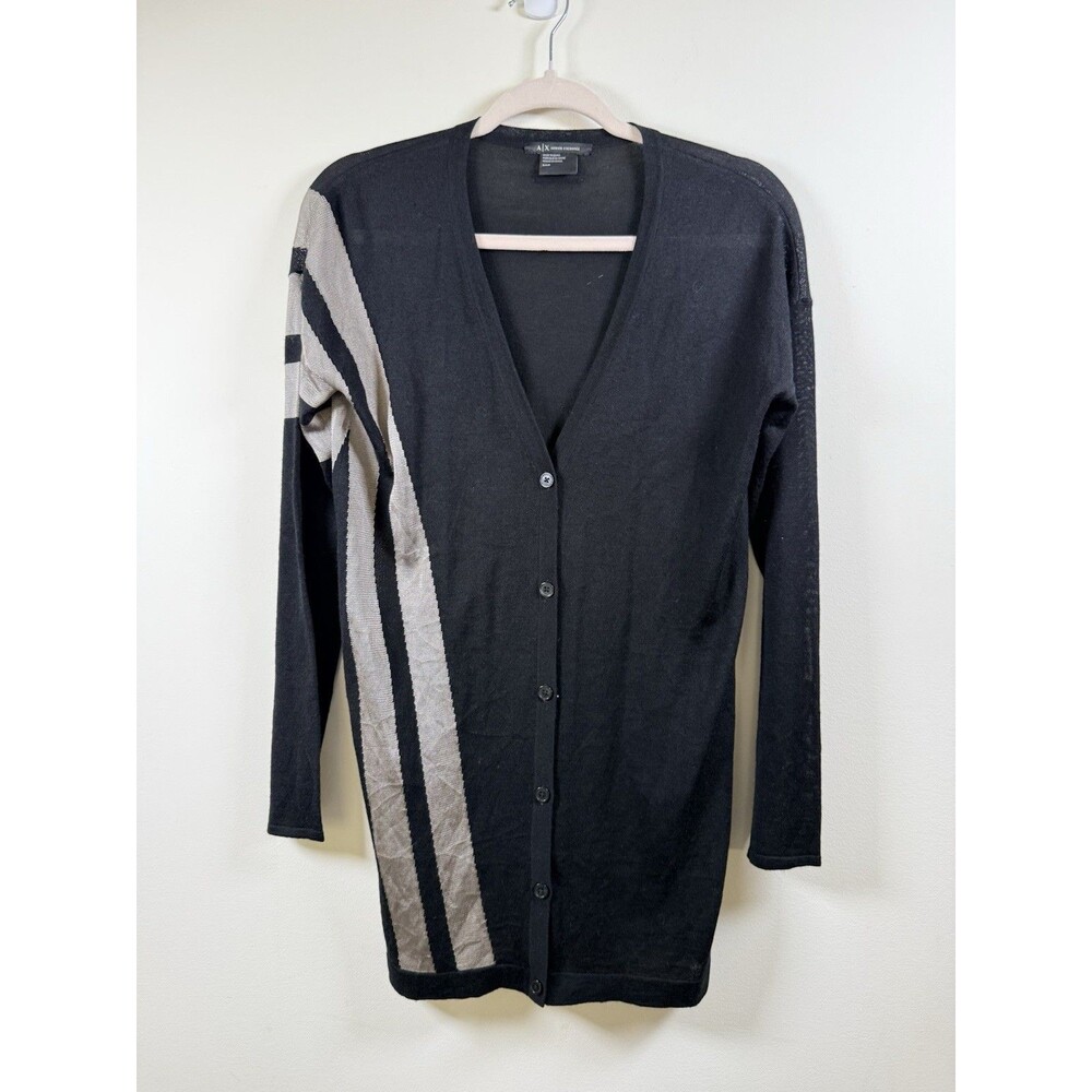Armani Exchange Men's Striped V-Neck Button Cardigan Sweater Black/Gray S